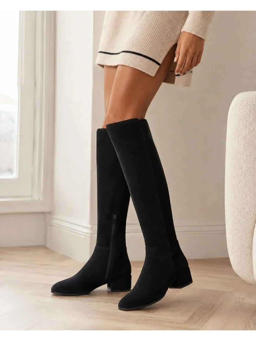 SD5 - Dune London Tayla Black Suede Stretch Knee-High Boots EU 41 US 8 New in Bo